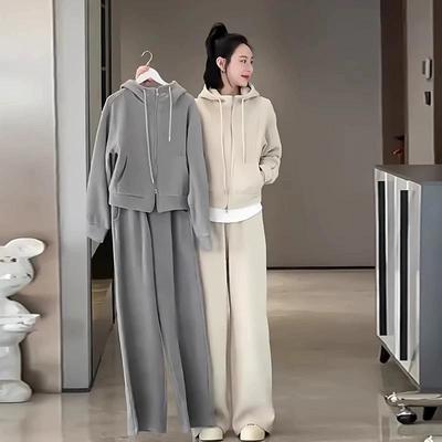 Tamanho Grande Moda Outono e Inverno Casual Fato Esportivo Suéter com Capuz Calças de Perna Larga Fato de Duas Peças Feminino