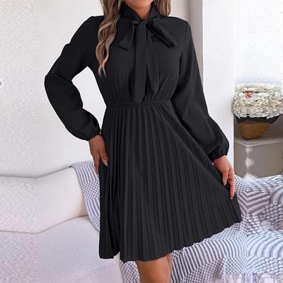Rochie de damă toamnă iarnă temperament cu șireturi, cu talie înaltă, cu mâneci lungi, plisate