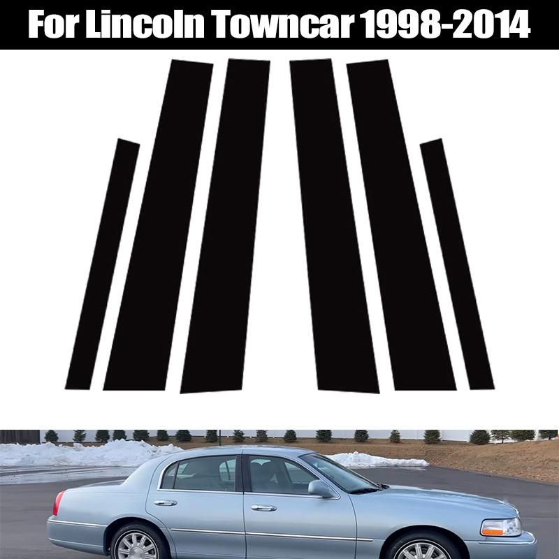 6Pcs Fit For Lincoln Towncar 1998-2014 Glossy Black PC Material Mirror Effect Car Door Window Center Middle BC Pillar Post Column Cover Trim