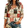 Women's Casual Christmas Print V-Neck Three-Quarter Sleeve Blouse for Holiday Party
