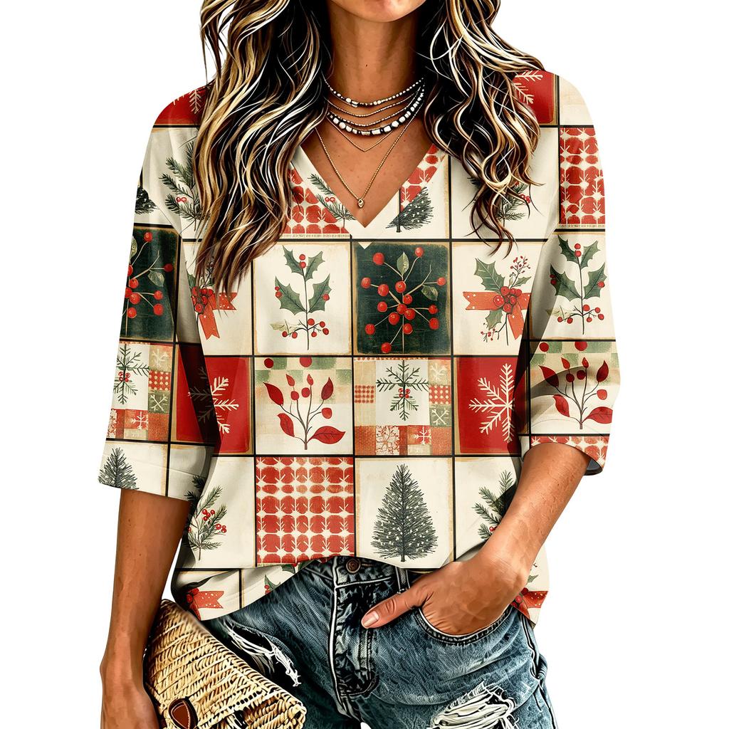 Women's Casual Christmas Print V-Neck Three-Quarter Sleeve Blouse for Holiday Party