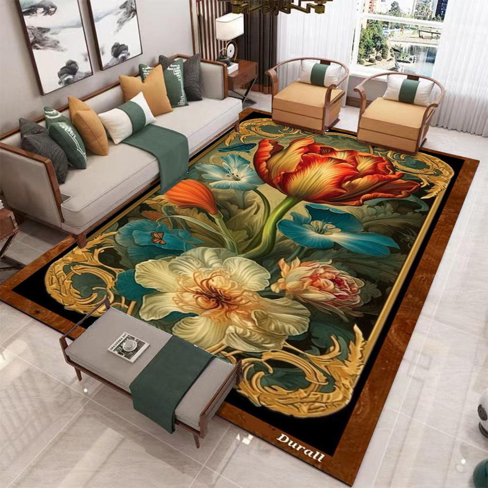 Lily Flower Carpet Mat Anti Slip Floor Mats for Oil Painting Living Room and Bedroom Vintage Border Home Decor Carpet