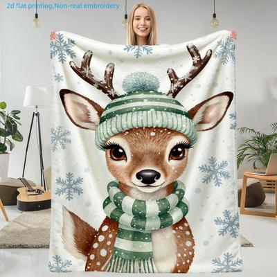 1pc Winter Cute Reindeer Print Blanket, Christmas Theme, Multi-Size Available, Suitable for Living Room, Bedroom, Study, Office, Balcony