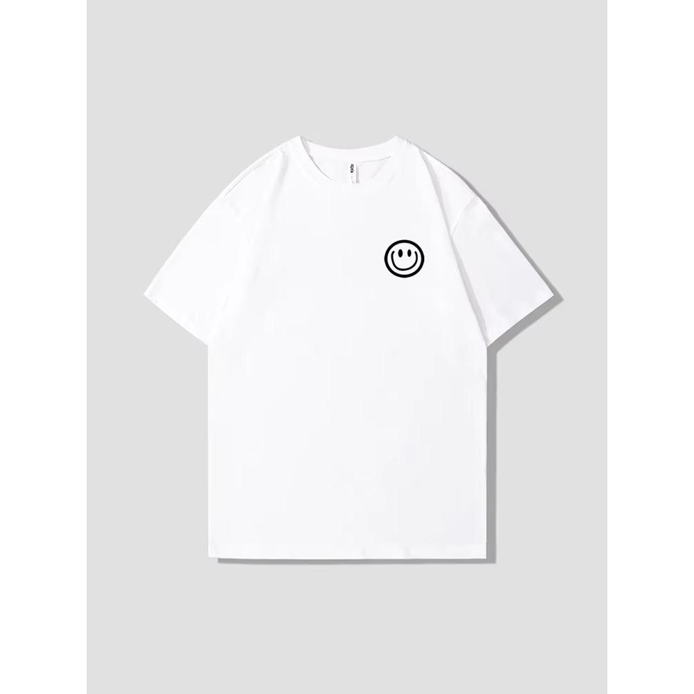 Summer Fashion Heavyweight Retro Men's Smiling Face 100% Cotton Printed Round Neck High Quality Casual Fitness Street T-shirt