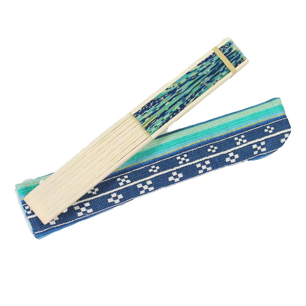 Folding Okinawa with Kazeyui [Kubagasa-ya] Women's Fan, Souvenir, Minsā Pattern, Bag, (Blue)
