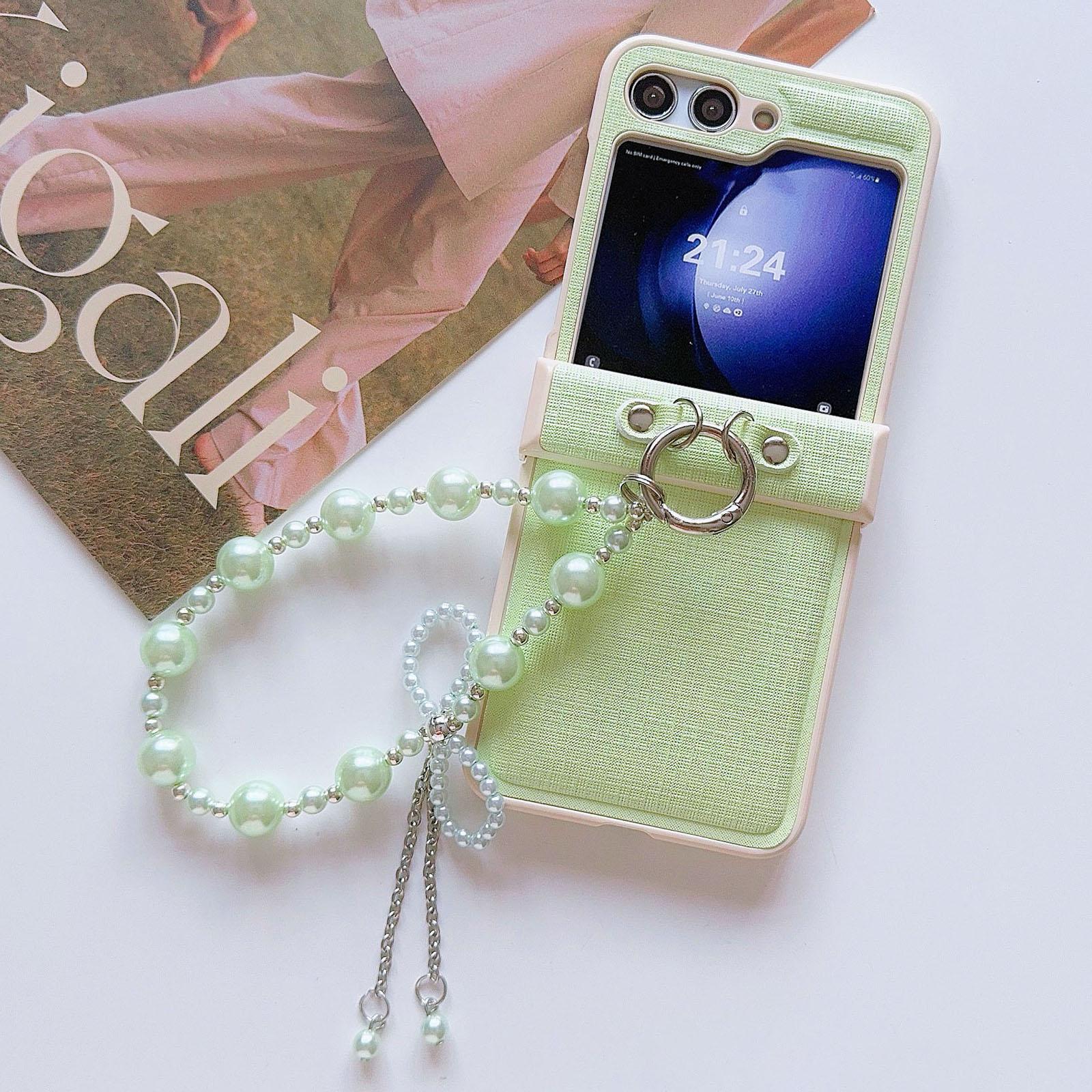 

For Samsung Galaxy Z Flip7 FE 5G/Z Flip6 5G Case Hinge Protection Leather+PC Phone Cover with Beaded Phone Charm Green