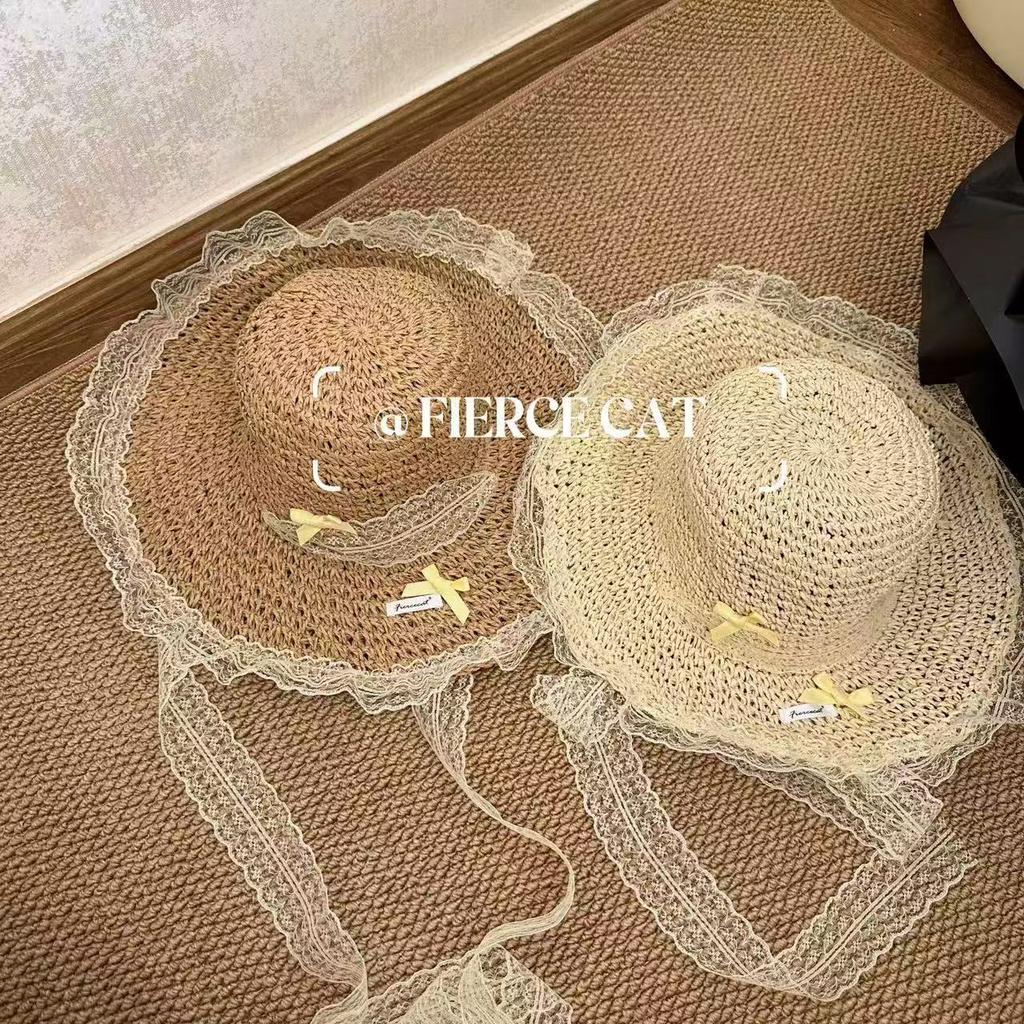 Sweet Mesh Lace-up Lace Streamer Straw Hat Women's Summer Seaside Vacation Wind Beach Hat Sunshade Children's Hat Parent-child