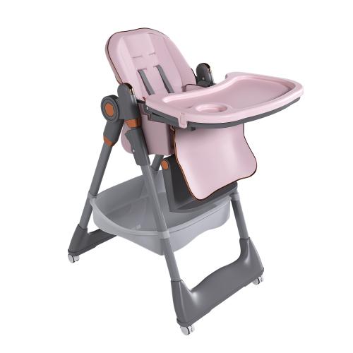 Adjustable Kids High Chair 0-6 Years, Portable Dining Chair with Safety Harness, Lockable Wheels, Easy Cleaning for Home, Pink