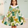 Girls Faux Fur Trim High Neck Long Sleeve Geometric Printed A Line Flared Dress