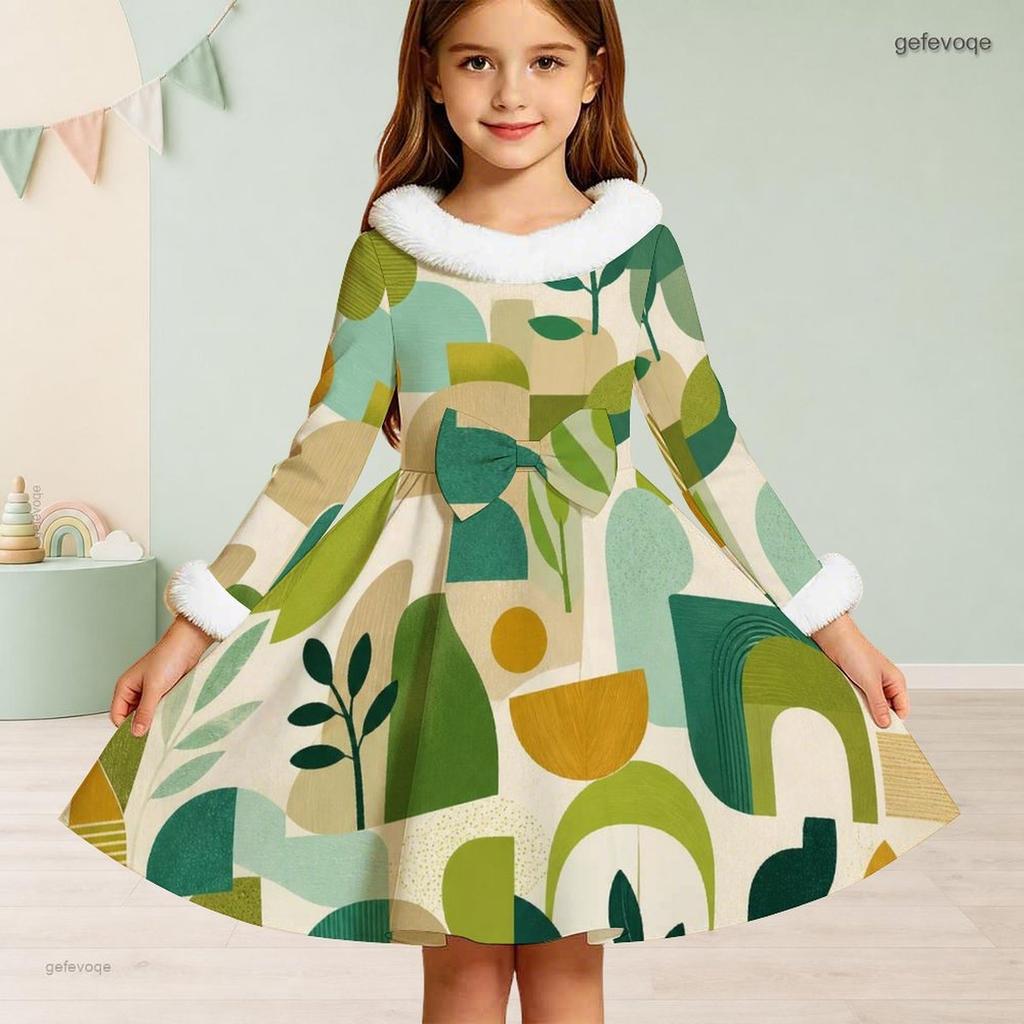 Girls Faux Fur Trim High Neck Long Sleeve Geometric Printed A Line Flared Dress