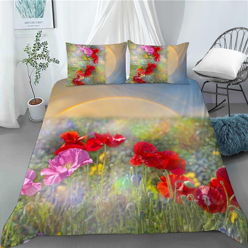 3D Red Poppy Duvet Cover King Queen Size Beautiful Flower Polyester Quilt Cover with Pillowcases Kids Adults Home Bedroom Decor