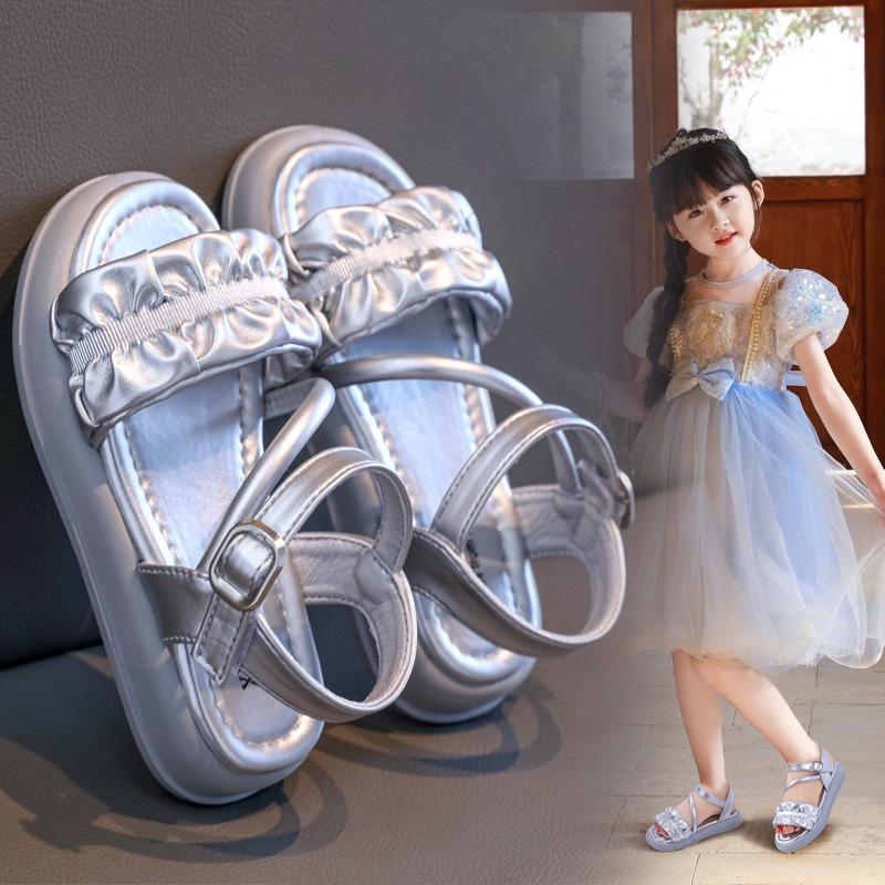 Summer Girls Sandals Silver Soft-Sole Princess Shoes Breathable Beach Footwear for Little Girls Older Kids