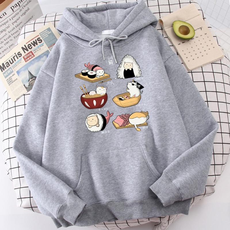 Food Cute Cat Sushi Printed Hoodie Mens Autumn Fleece Oversize Hoody Hip Hop Loose Sweatshirt Soft Oversize  Clothes Tops