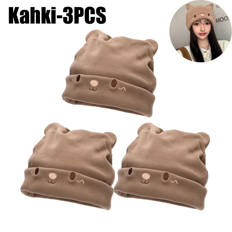 Damen Gemütliche Gestrickte Slouchy Mütze mit Entzückender Katzenohren-Stickerei Winter Warm Dehnbar Beanie für Damenmode