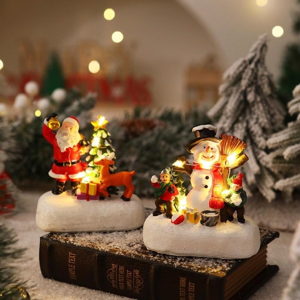 Funny Resin Christmas Village Houses Mini LED Light New Year Micro Landscape Santa Claus Craft New Year Decor Desktop Decor