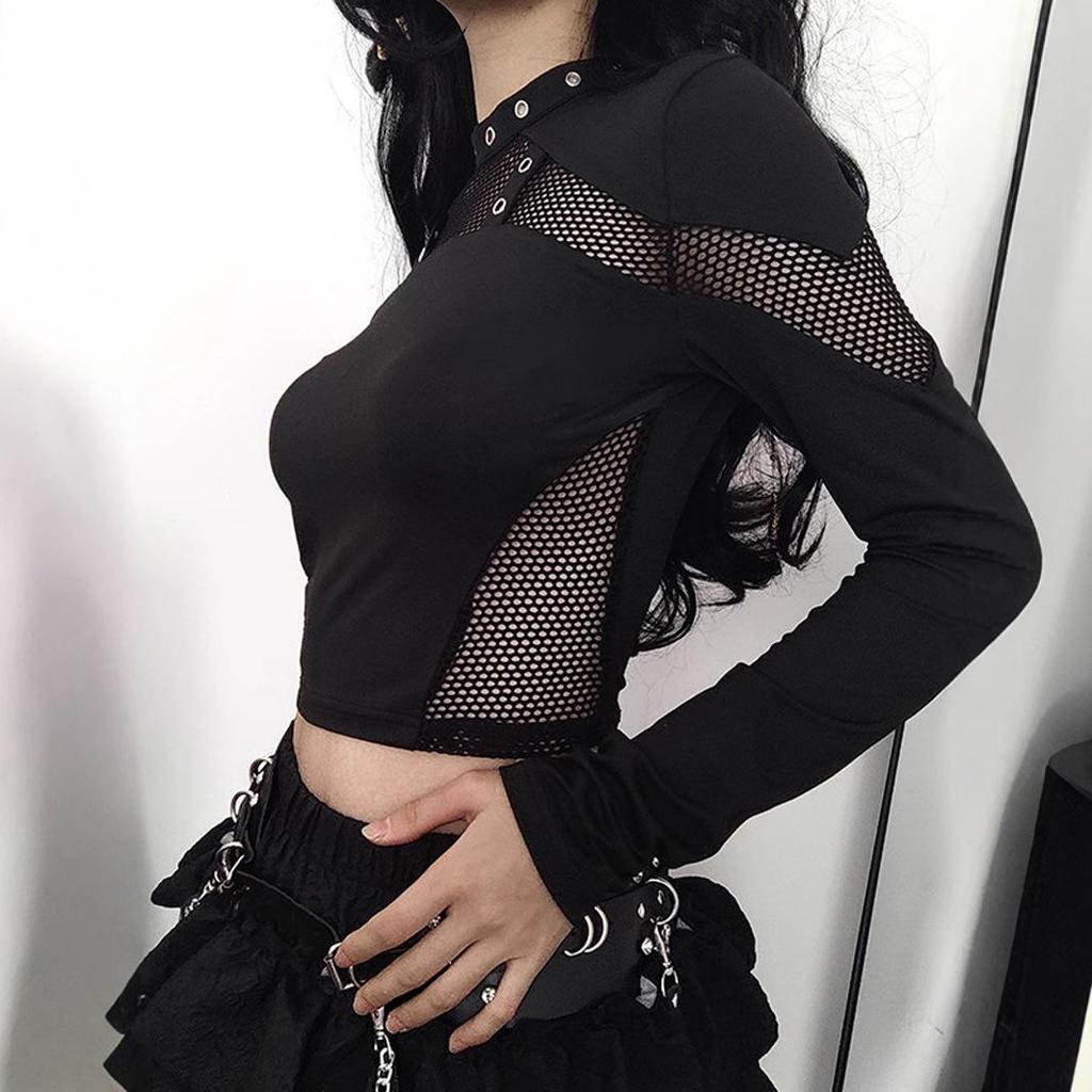 Y2K Women's Punk Mesh Cutout Long Sleeve Slim T-shirt