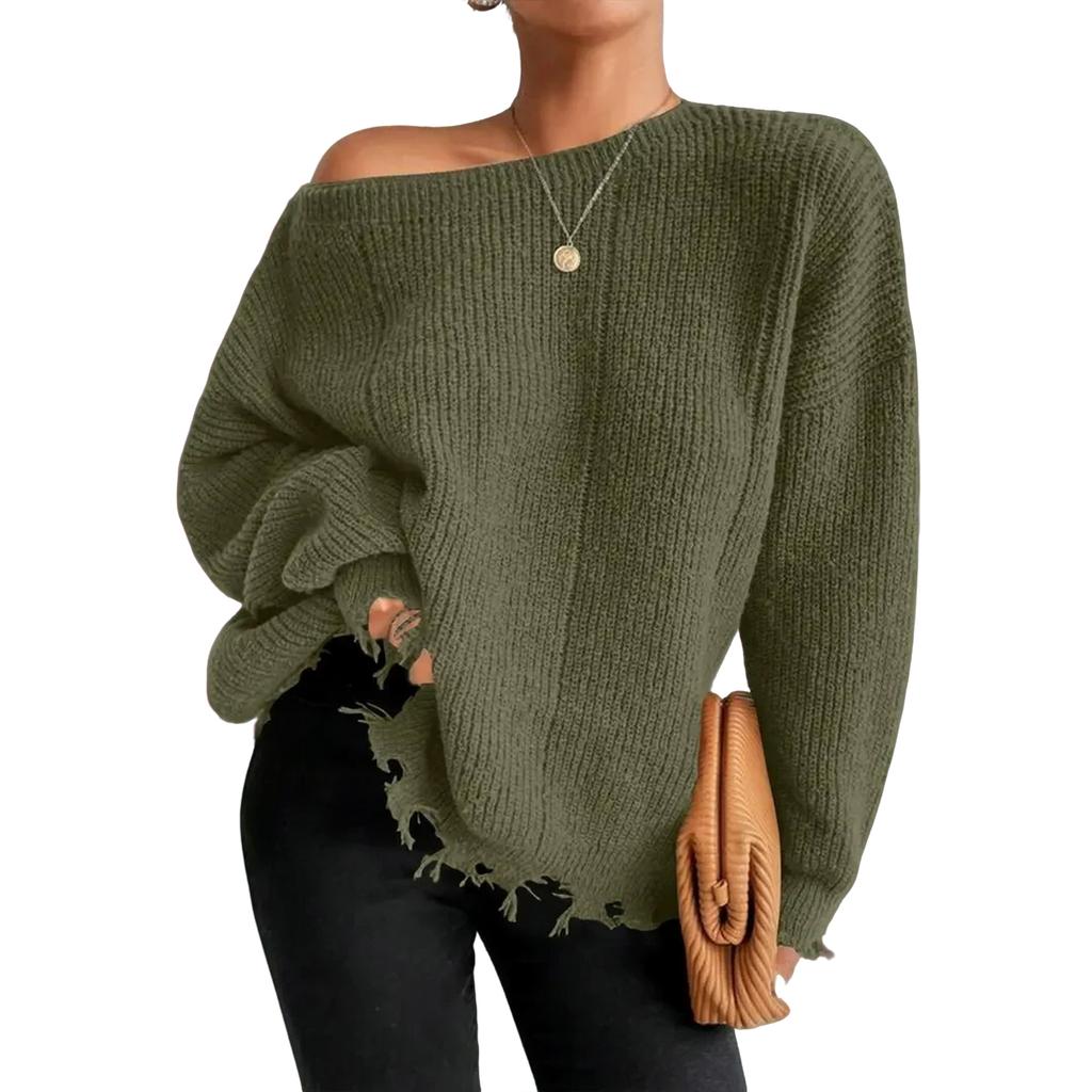Women's Fashionable Round Neck Casual Solid Color Long-sleeved Off-shoulder Sweater