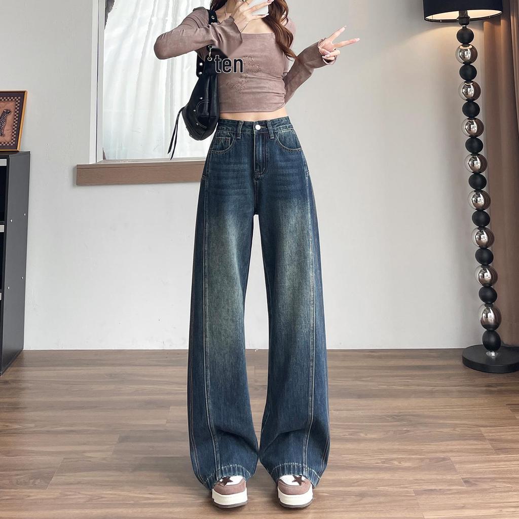 Women's Plus Velvet Patchwork Wide-Leg Jeans: Loose, Slimming, Floor-Length Fashion for Autumn and Winter.