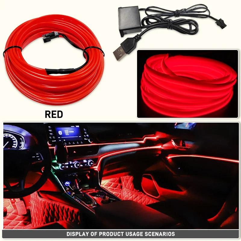 Car Interior LED EL Neon Strip USB Flexible Ambient Light, 3M/5M Optional DIY Atmosphere Lamp for Auto Interior Decoration