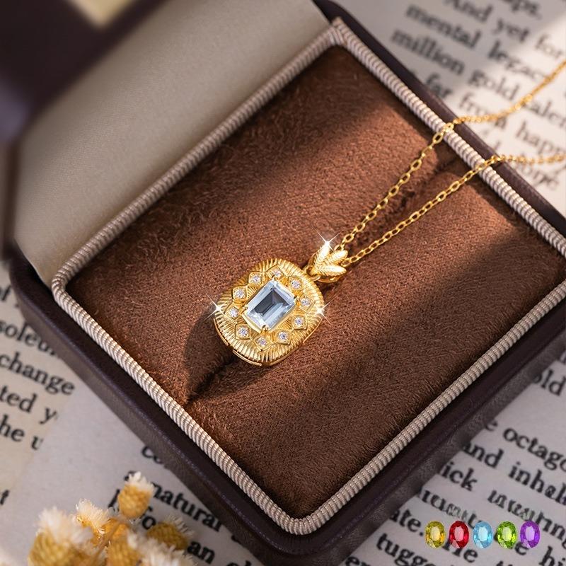 S925 Silver Vintage Pendant Necklace, Natural Garnet Topaz Choker for Women
