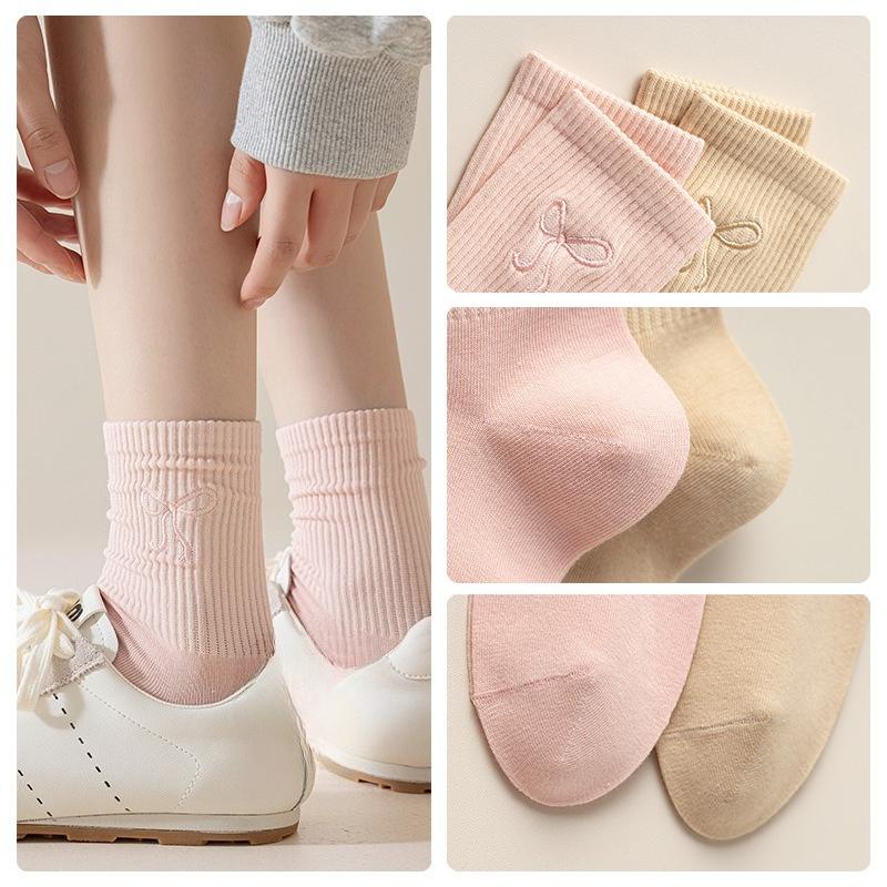 Bowknot Socks, Women's Mid-calf Socks, Solid Color Cotton Socks for Autumn and Winter, Ballet-style Sweat-absorbing and Odor-proof Women's Socks