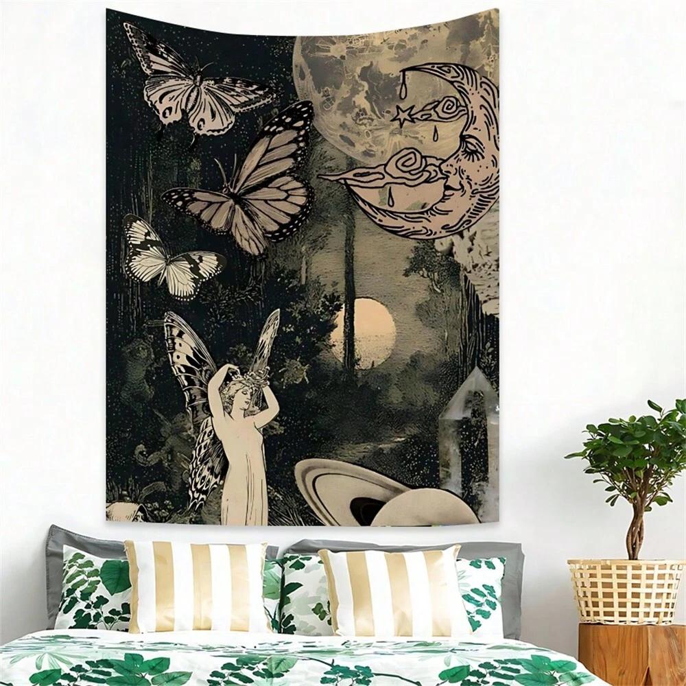 

Vintage Butterfly Moon Tapestry Art Design Wall Hanging for Bedroom Living Room Dorm Party Decor Best Halloween Gift for Women 74x94cm(29x37in)