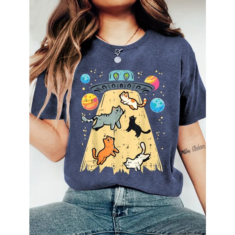 Women's Summer UFO Abducting Cute Cat Print Crew Neck Short Sleeve T-shirt