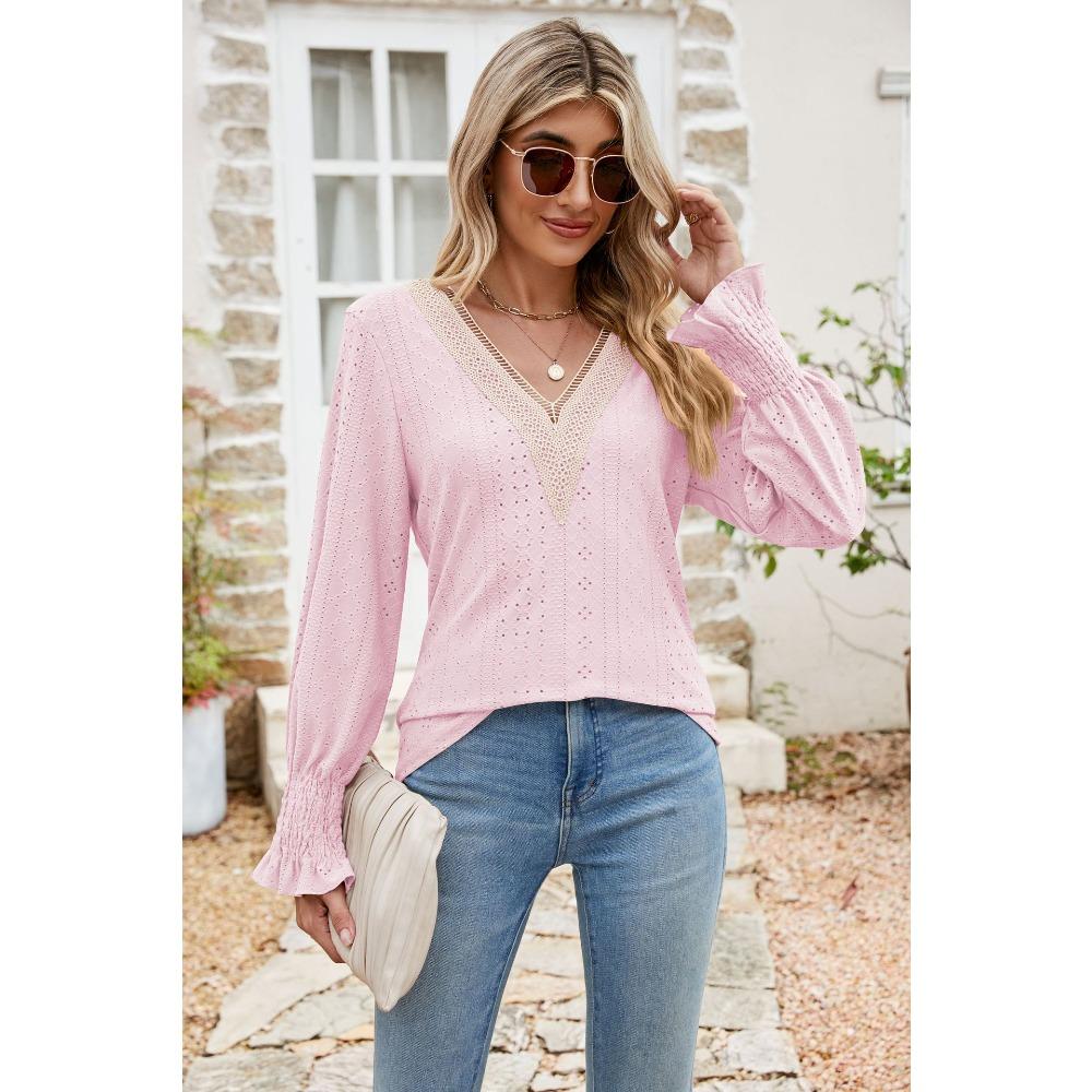 Women's Lace V Neck Long Sleeve Blouse Casual Loose Tunic Top with Flare Cuffs