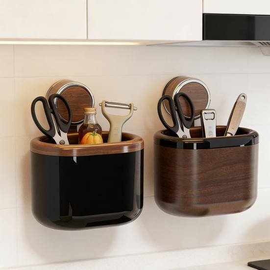 Storage Bucket Wall Mounted Suction Cup Design Large Capacity Wastebasket with Wood Grain Appearance Organizer for Bathroom