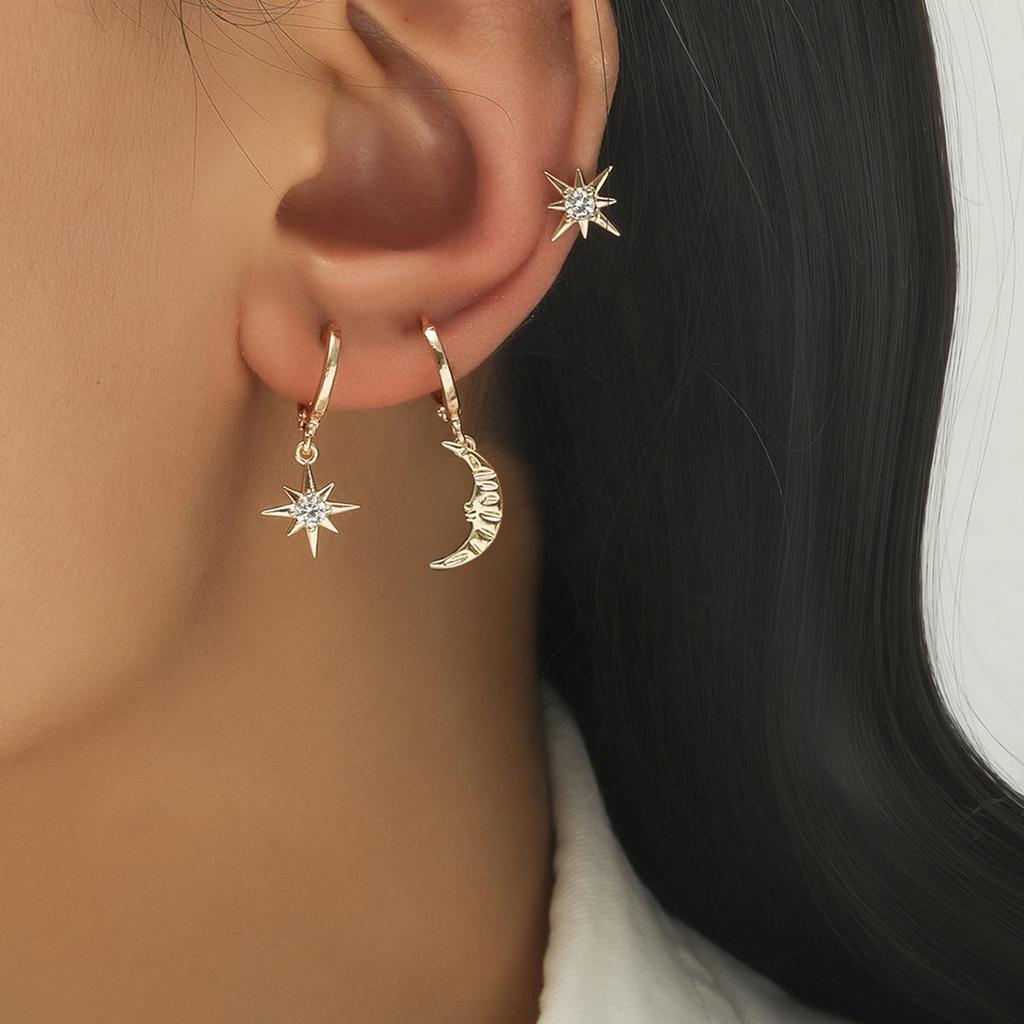 European and American Asymmetrical Star & Moon Earrings Set: Fashion Zircon Studs & Ear Cuffs