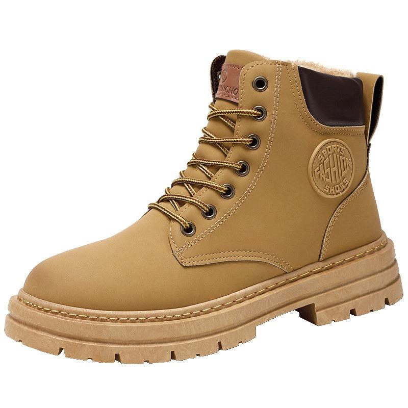 Winter new rhubarb boots men's labor insurance shoes versatile Martin leather boots velvet warm platform casual trendy shoes