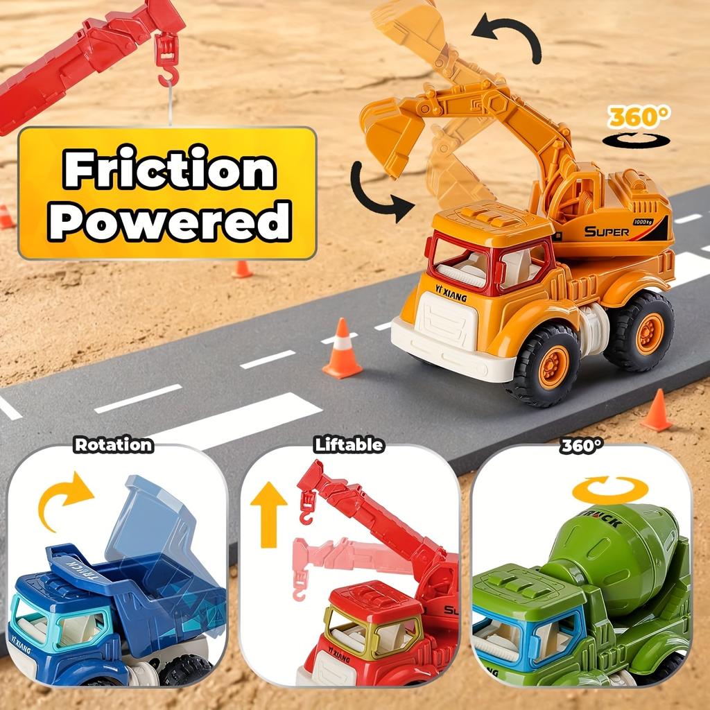 4pcs Vibrant Construction Toy Truck Set for Kids Sandbox Excavator, Dump Truck, Cement Mixer,Crane Durable Plastic, Ideal Christmas Birthday Gift,