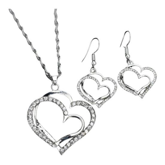 1 Set Women Necklace Earrings Set Hollow Out Heart Shape Rhinestone Decor Prom Party Hanging Earrings Pendant Clavicle Necklace