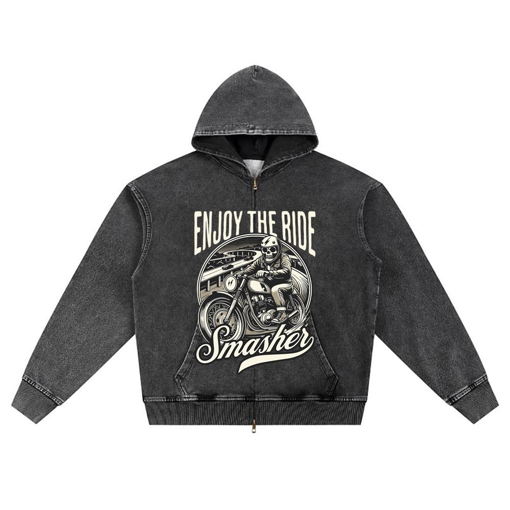 DTG print Knitted Denim Zip-Up Hoodie streetwear Motorcycle Brother Print Zipper Hoodies  