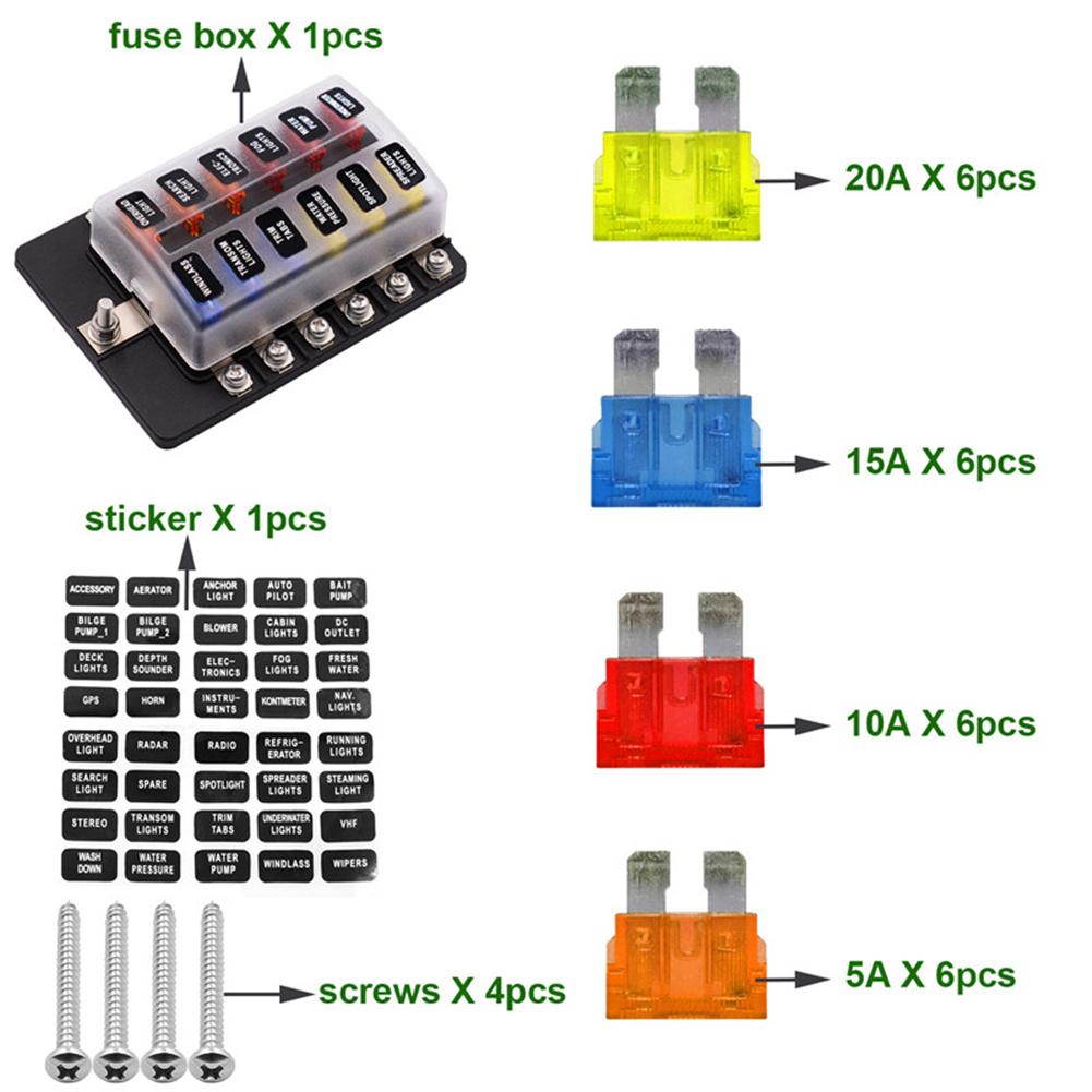Car Screw Binding Post Model 12 Ways Fuse Box with LED Indicator Light Vehicle Truck Fuses Car Accessories