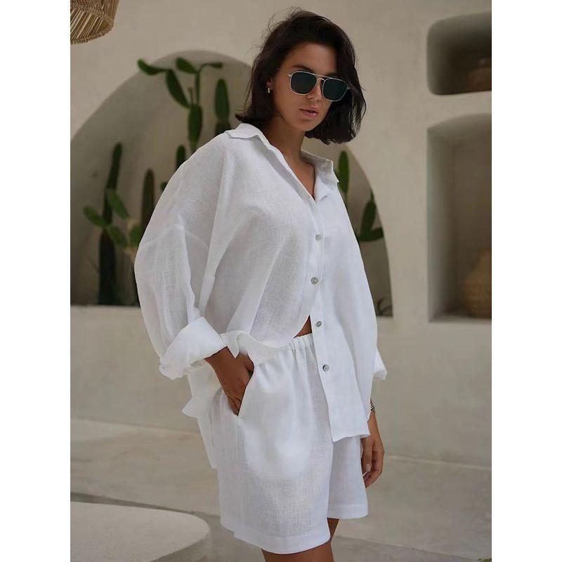 Western Style Summer New Casual Loose Long sleeve Shirts Shorts Set Loose Shirt + Shorts Set