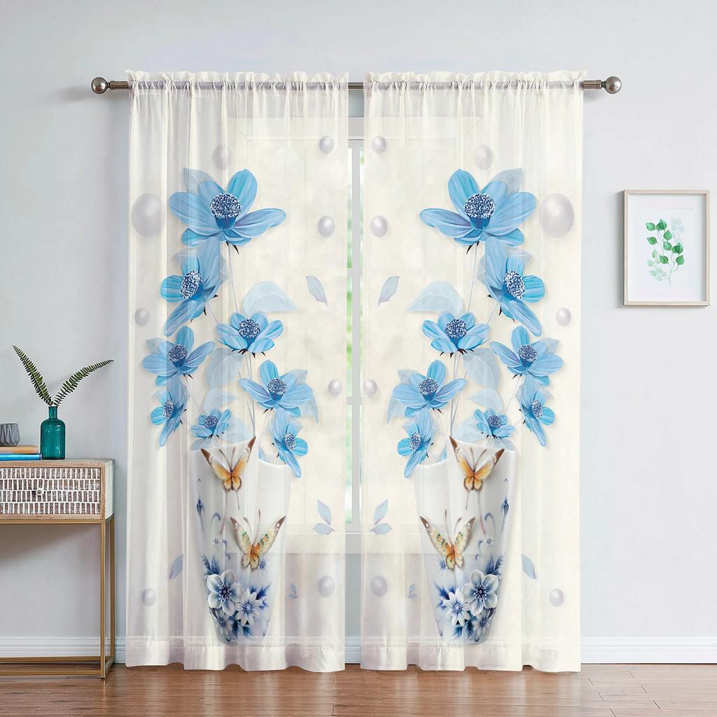 Delicate Vases Floral Curtain Living Room Bedroom Transparent Tulle Chiffon Voile Kitchen Window Curtains Sheer Made Of Polyester Sitting Decor