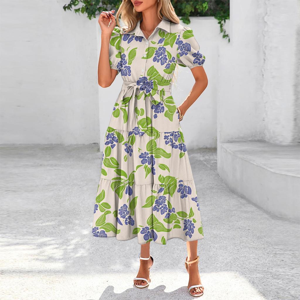 Womens Summer Dresses Short Sleeve Button Tie Waist Boho Flowy Maxi Dress