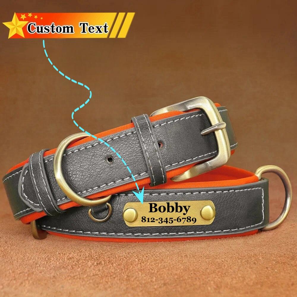 Customized ID Nameplate Dog Collar PU Leather Soft Padded Dog Collars Free Engraving Name for Small Medium Large Dogs Adjustable