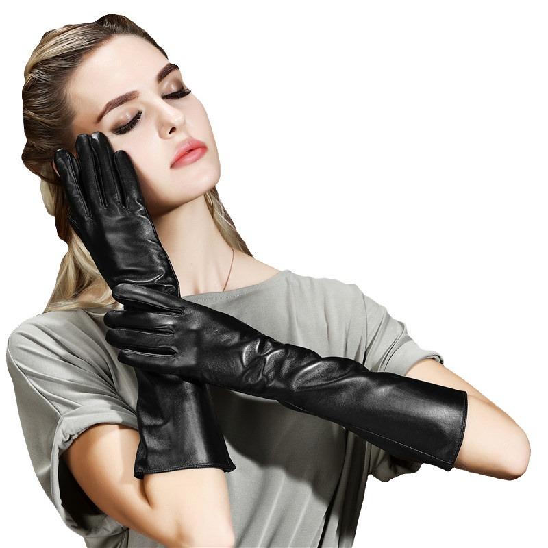 Women's 40cm Long Leather Touchscreen Gloves, Sheepskin Velvet Arm Warmers