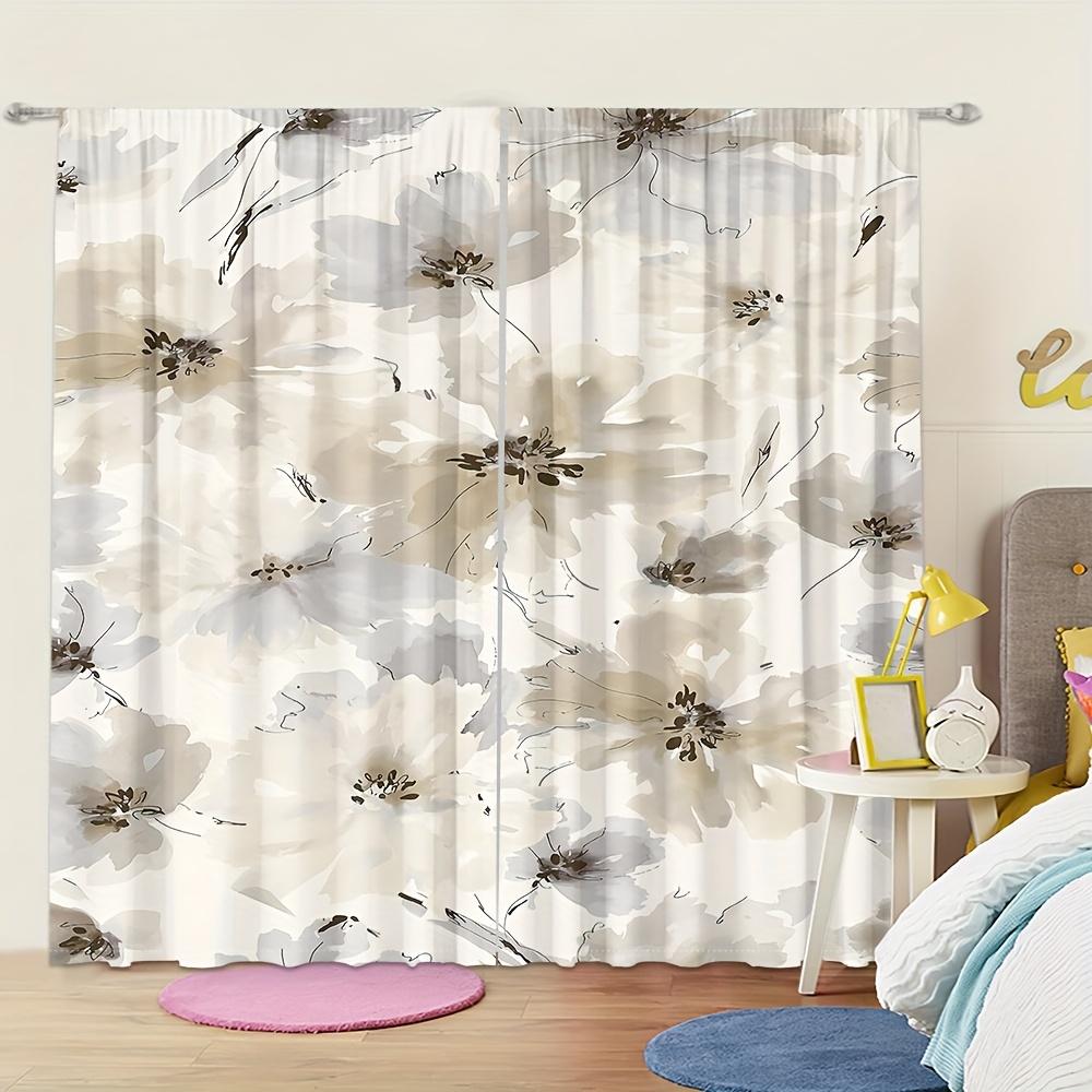 2 Pieces Beige Watercolor Elegant Floral Curtains, Polyester Fabric, Machine Washable, Suitable For Living Room Kitchen, Bedroom