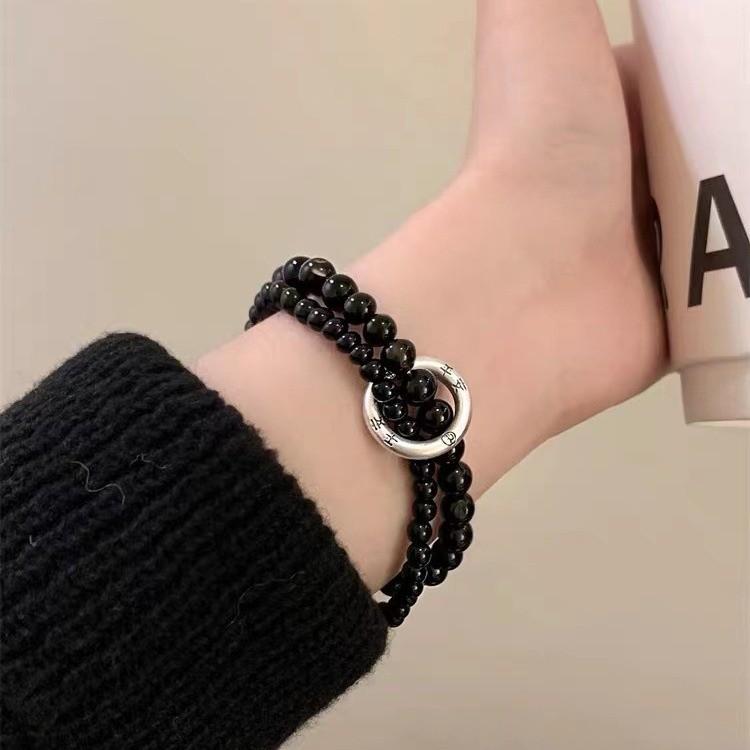 Elegant Unisex Black Beaded Double Circle Bracelet Trendy Retro Jewelry Artistic