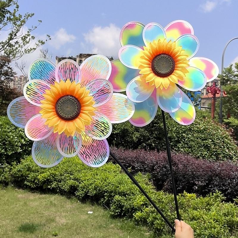 1 Piece Colorful Film Illusionary Flame Color Changing Sunflower Windmill Double-Layer Wind Spinner Kids Toys Garden Decor