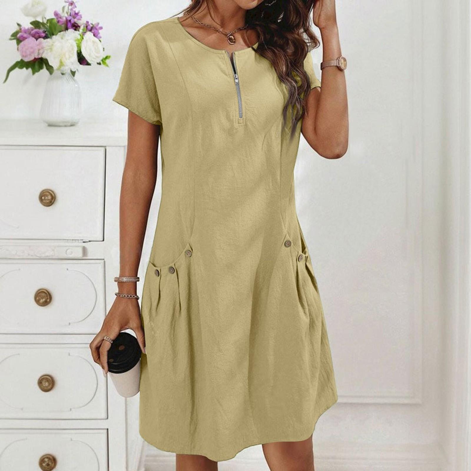 

Women s Summer Fashion Casual Insert Pocket Zipper Neck Short Sleeve Dress M
