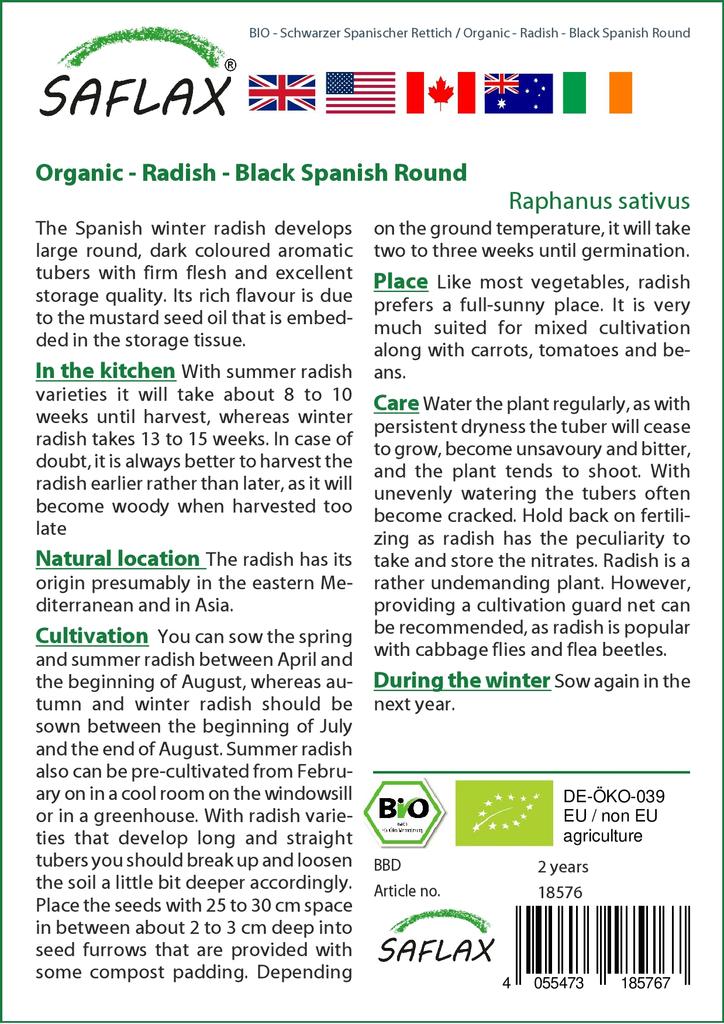 SAFLAX Garden In the Bag - Organic - Radish - Black Spanish Round - 100 Seeds - With Substrate In a Fitting Stand Up Bag - Raphanus Sativus