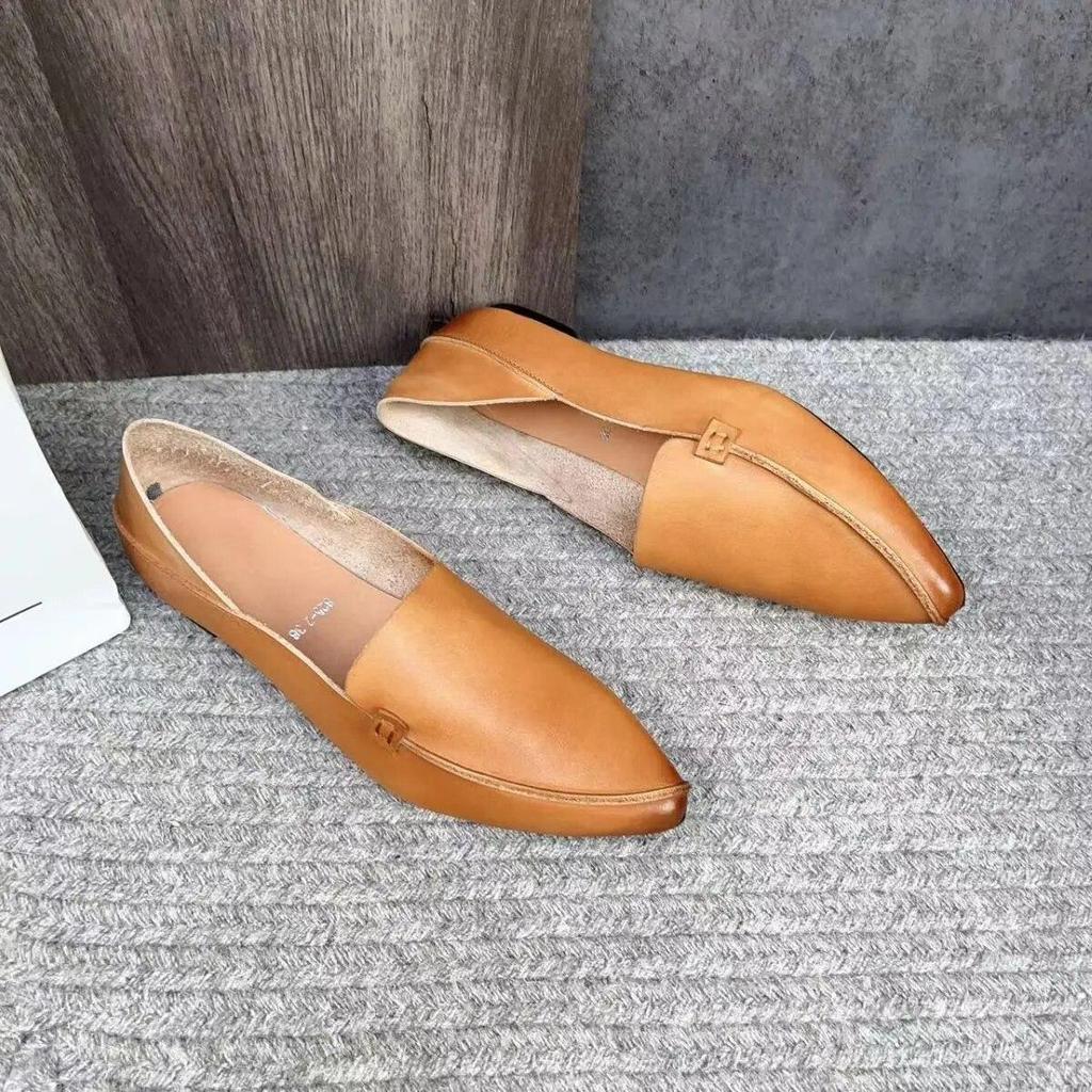 Johnature Retro Women Genuine Leather Pointed Toe Flats Shoes Handmade Shallow Soft Sole Solid Color Slip-on Shoes