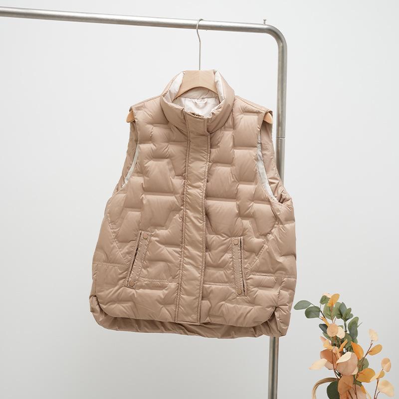 Autumn and Winter Women's Duck Down Fleece Waistcoat Women Loose Stand Collar Pockets Warm Quilted Puffer Sleeveless Vest