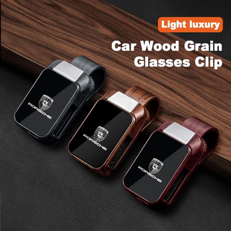 Wood Grain Car Sun Visor Glasses Clip Sunglasses Ticket Card Holder For Porsche Panamera Cayenne Taycan 911 718 Macan Carrera-GT
