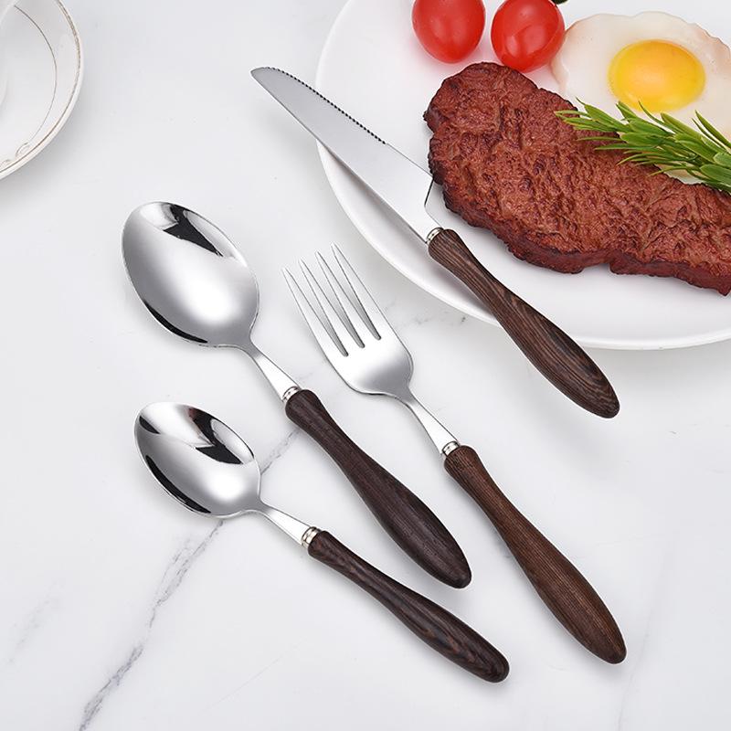 304 Stainless Steel Cutlery Set with Wooden Handles - Knife, Fork, Spoon for Western Cuisine