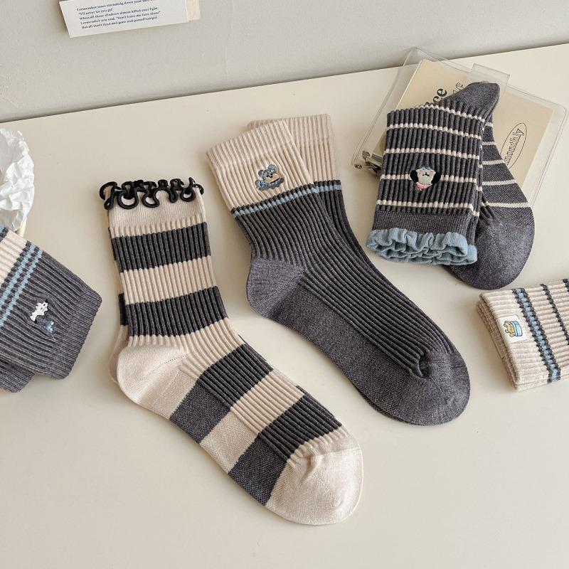 Two Pairs of Grey-colored Imitation Cashmere Striped Socks - Mid-calf Socks with Warm Stitching and Cute Lace Trim.